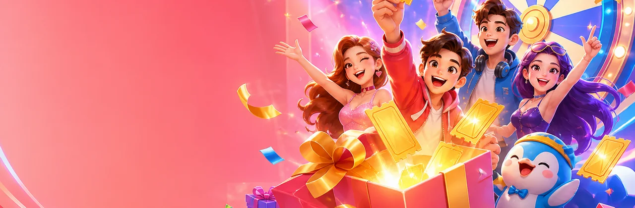 Banner ưu đãi với hộp quà, vòng quay và pháo giấy